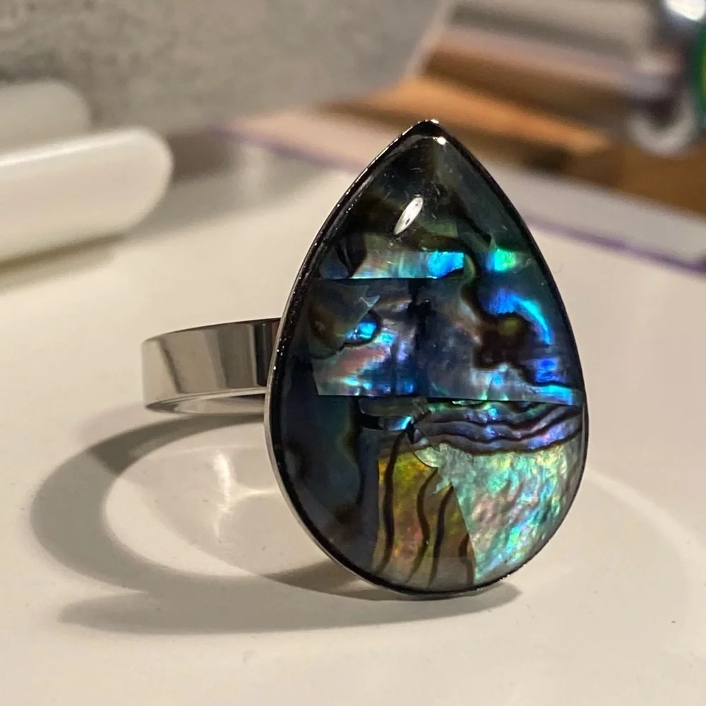 NEW Oversized Abalone Statement Ring Silver Boho Iridescent Beach Jewelry waterp